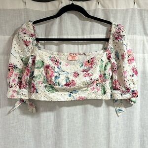 Showpo White and Pink Floral Eyelet Crop Top